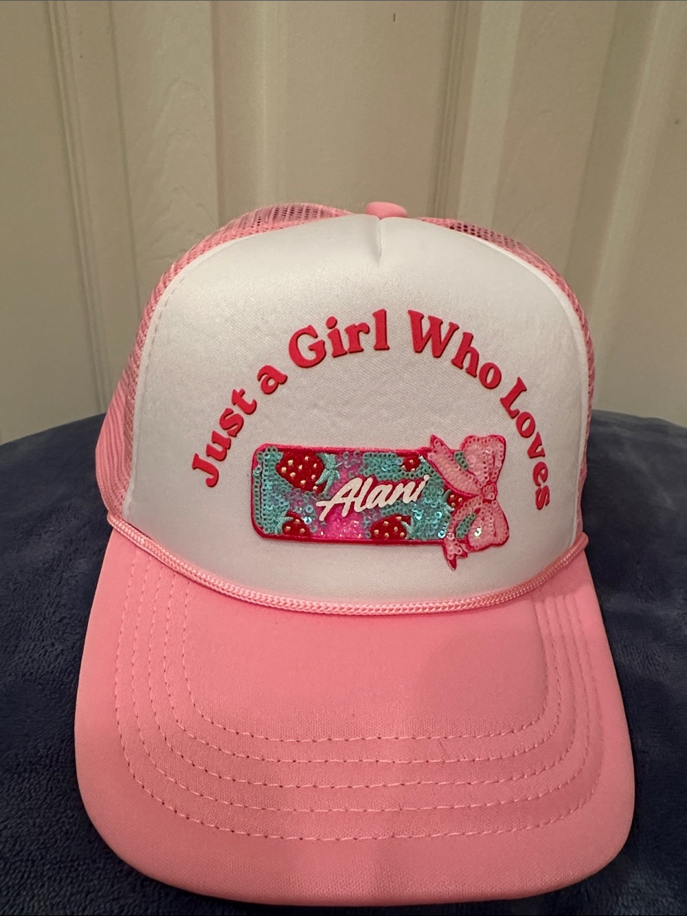 Alani ball Cap Pink and White 'Just a Girl Who Loves' Alani Trucker Hat